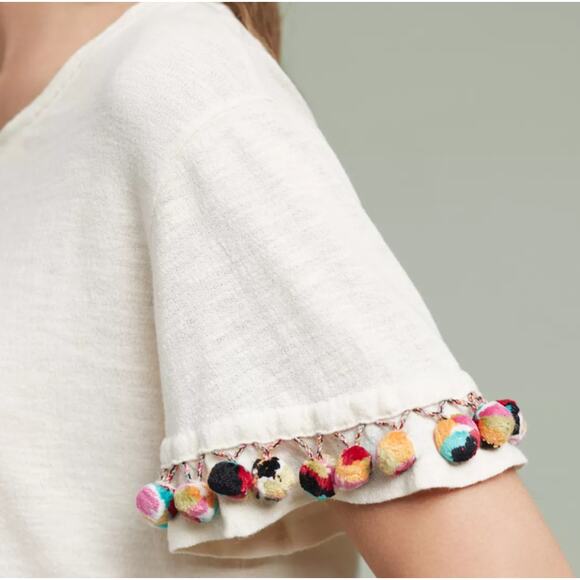 Anthropologie Lilka Pommed Tee Festival Cropped Top Shirt Coachella Boho Cream S - Picture 4 of 8